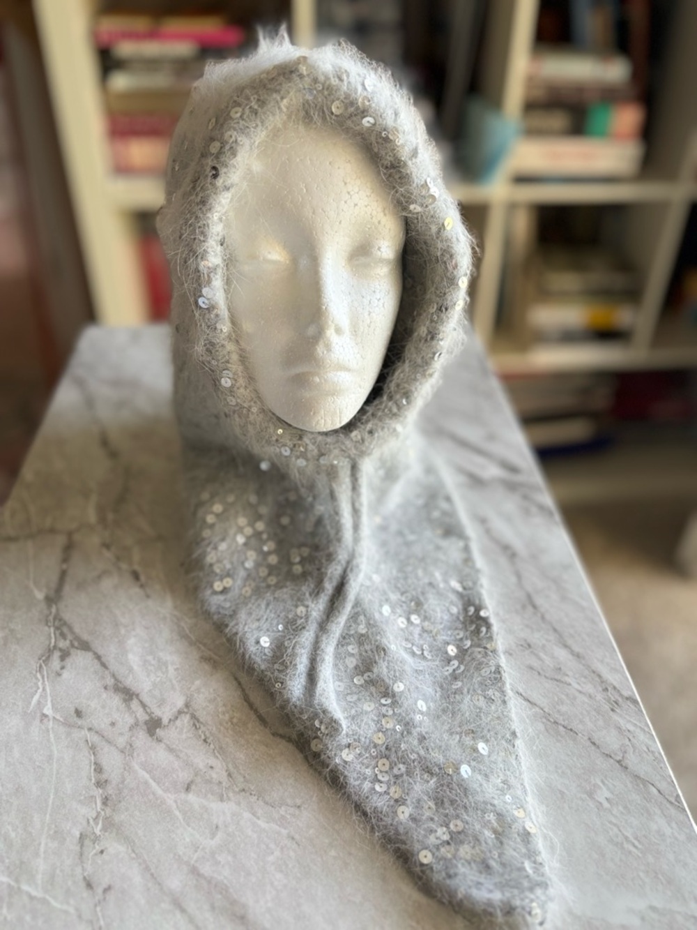 NWOT LE PETIT AGNEAU Sequin Detail Gray Hood Scarf Cashmere & Angora O/S